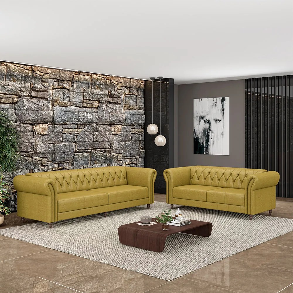 Conjunto de Sofá Sala de Estar Stanford Chesterfield 2 e 3 Lugares 200cm/260cm Pés Madeira Couro Bege Manchado G58 - Gran Belo