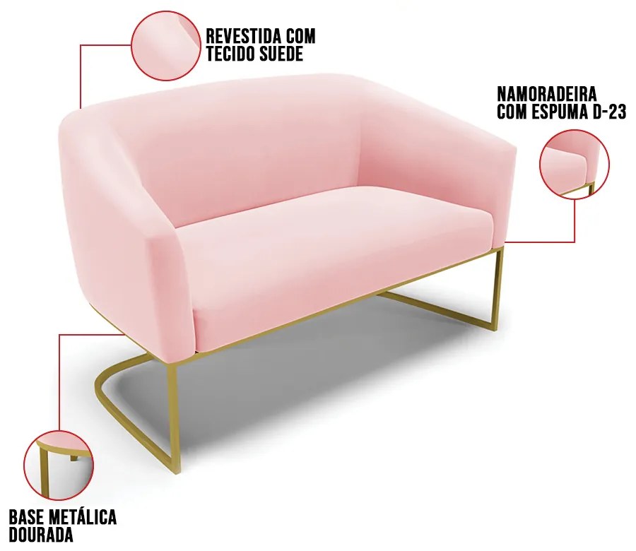 Sofá 2 Lugares Namoradeira Industrial Dourado Stella Suede Rosa Bebê D03 - D'Rossi