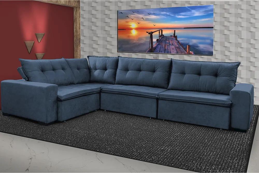Sofa De Canto Retrátil E Reclinável Com Molas Cama Inbox Oklahoma 3,65x2,51 Ou 2,51x3,65 Azul