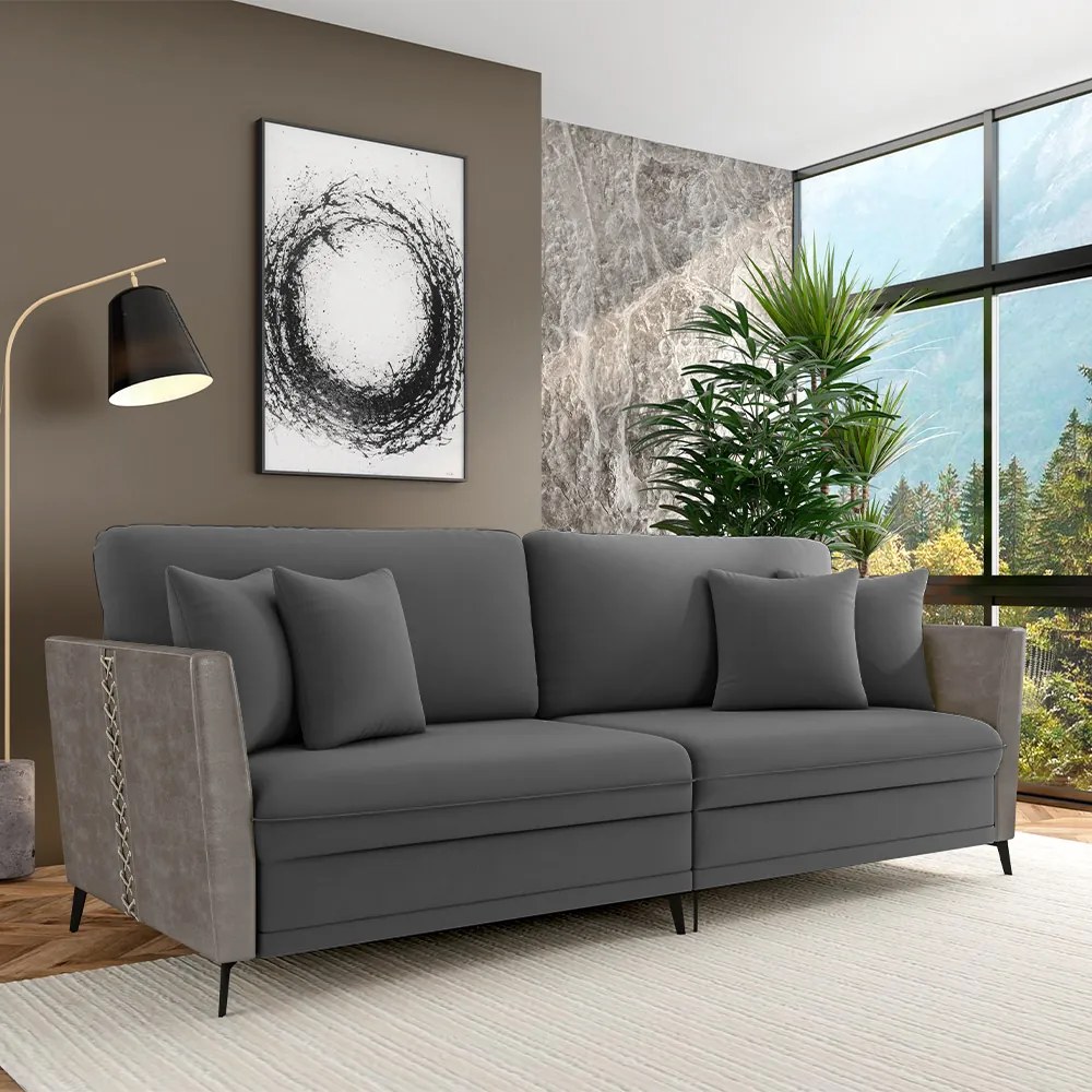 Sofá Living Decorativo Zagreb 3 Lugares 262cm com Almofadas Pés de Ferro Veludo/PU Grafite/Cinza G33 - Gran Belo