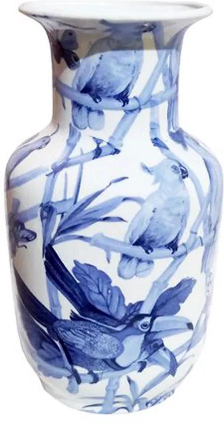 Vaso Decorativo em Cerâmica com Desenhos de Pássaros Azuis - 19x30x20cm