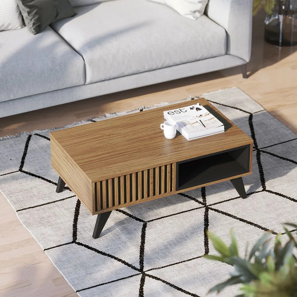 Mesa de Centro Para Sala Retangular 1 Nicho karin C04 - D'Rossi - Noce Milano e Preto Fosco