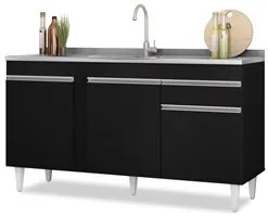 Balcão Gabinete com Pia Inox 150cm 3 Portas 1 Gaveta Dakota Preto - Lu