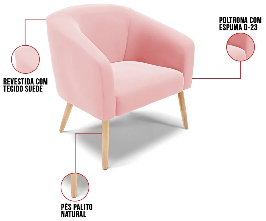 Cadeira Sala de Jantar Pé Palito Natural Stella Suede D03 - D'Rossi - Rosa Bebê