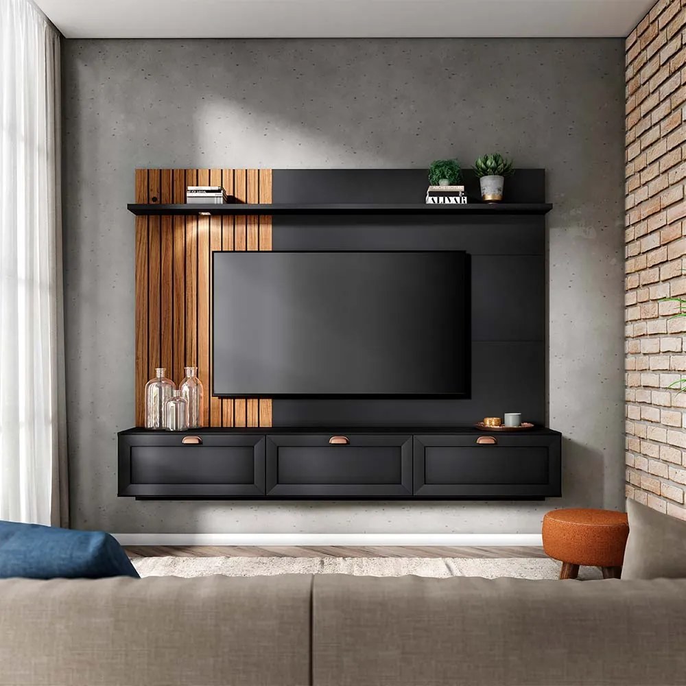 Home Painel Suspenso 200cm Ripado Caraíva Led Preto/Noce G73 - Gran Belo