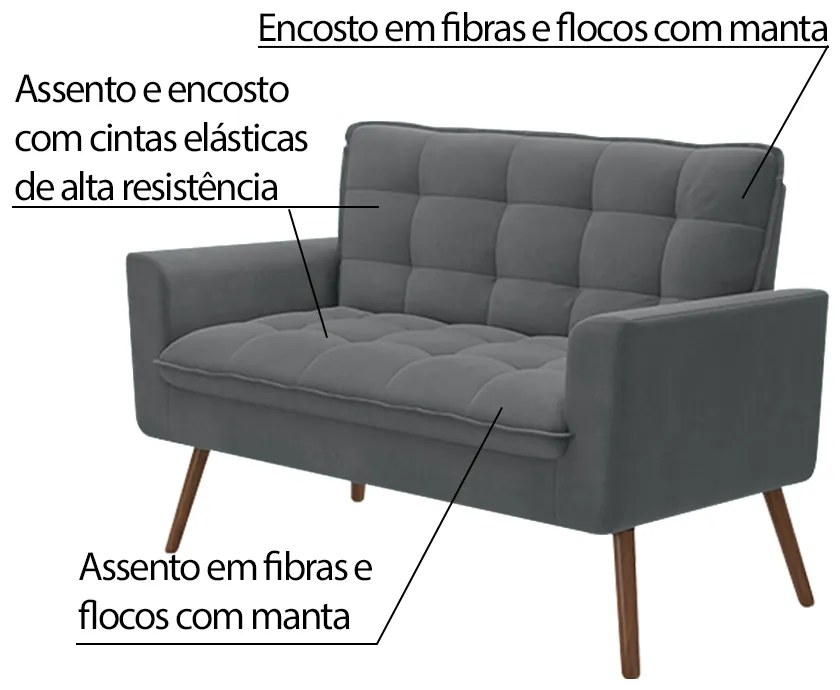 Sofá Decorativo 2 Lugares Pés de Madeira Íxeres Veludo Cinza G45 - Gran Belo