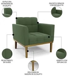 Sofá Namoradeira e 1 Poltrona Base Madeira Castanho Ana Suede Verde -