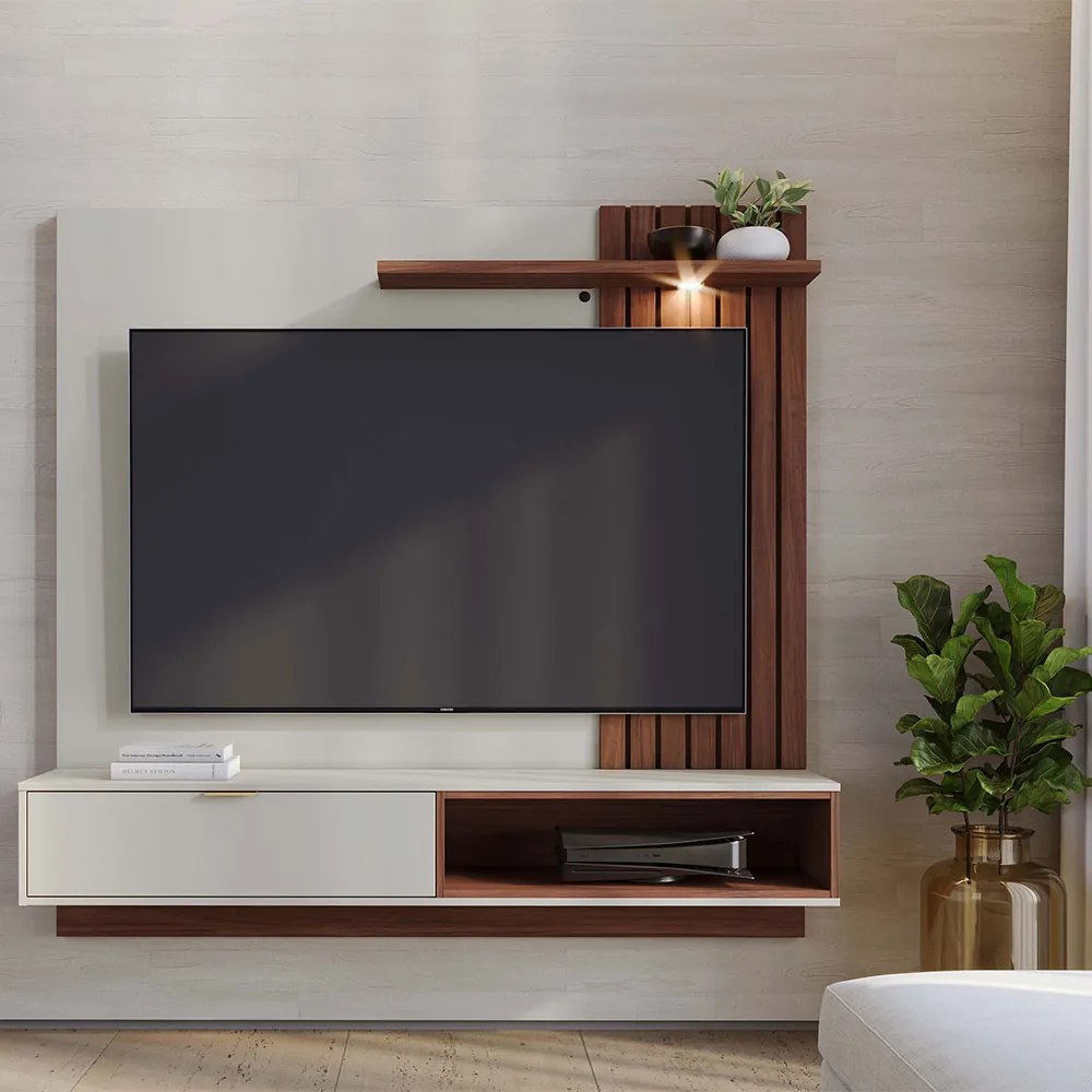 Painel TV 60 Pol 160cm Bancada Suspensa Zurique C04 - D'Rossi - Off White e Nogueira Real