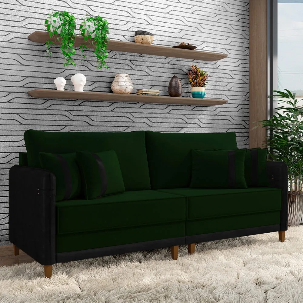 Sofá Living Montecarlo 2 Lugares Bipartido 172cm Pés em Madeira Veludo/PU Verde/Preto G33 - Gran Belo