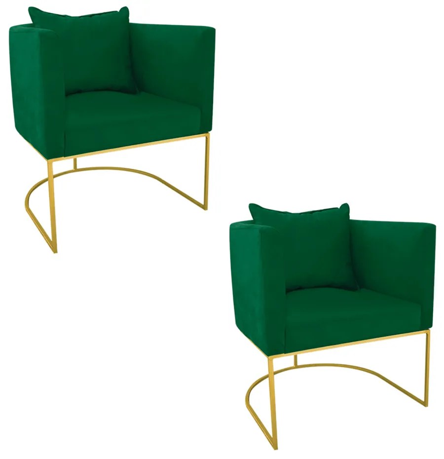 Kit 02 Poltronas Paola Suede Verde Base Metálica Dourado - D'Rossi