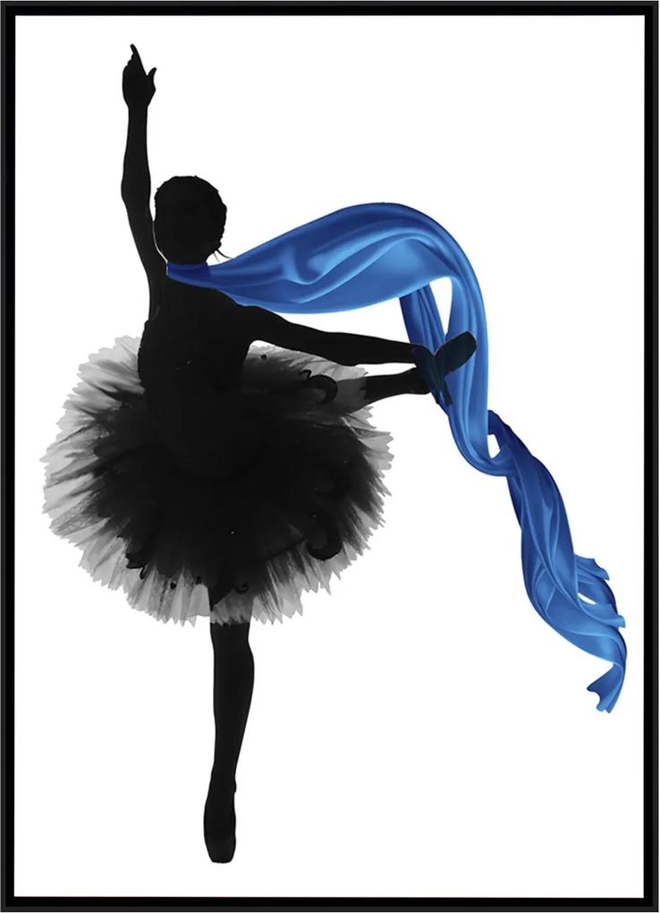 Quadro Tela Decorativa Emoldurada Bailarina Em Preto E Branco Com Lenço Azul 65x90cm