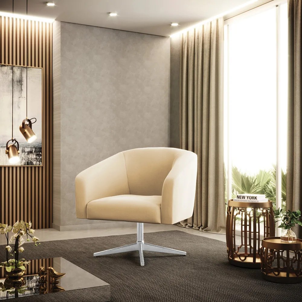 Poltrona Decorativa Giratória Cromada Stella Suede D03 - D'Rossi - Bege