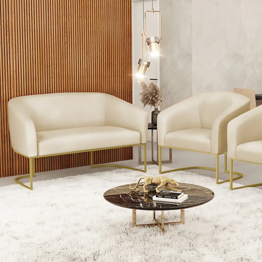Sofá Namoradeira e Poltrona Base Industrial Dourado Stella Sintético D03 - D'Rossi - Bege
