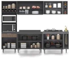 Armário de Cozinha Com Tampo CP07 260cm Pérola Grafite/Freijó Z34 - Mp