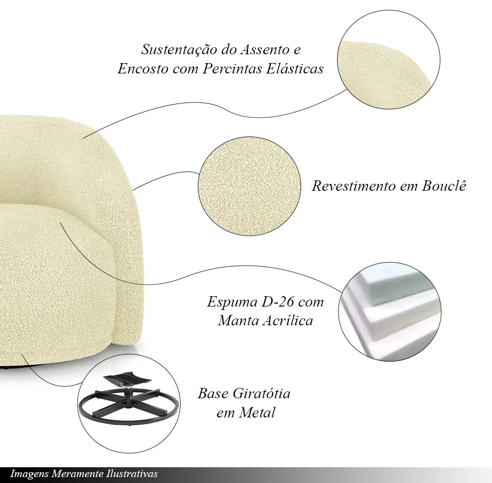 Kit 2 Poltronas Decorativas Jenny Base Giratória em Metal Preto Bouclê Off White G45 - Gran Belo