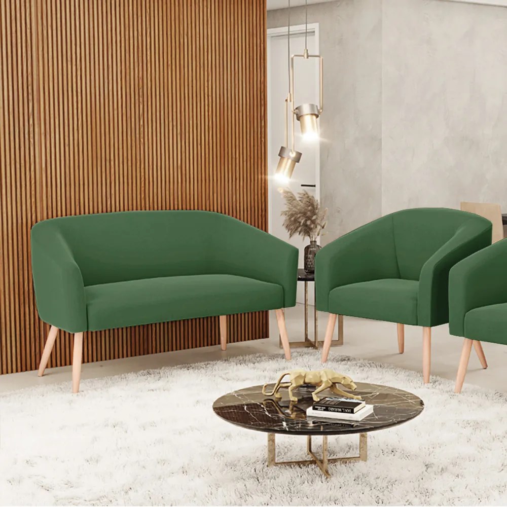 Sofá Namoradeira e Poltrona Pé Palito Natural Stella Suede Verde D03 - D'Rossi