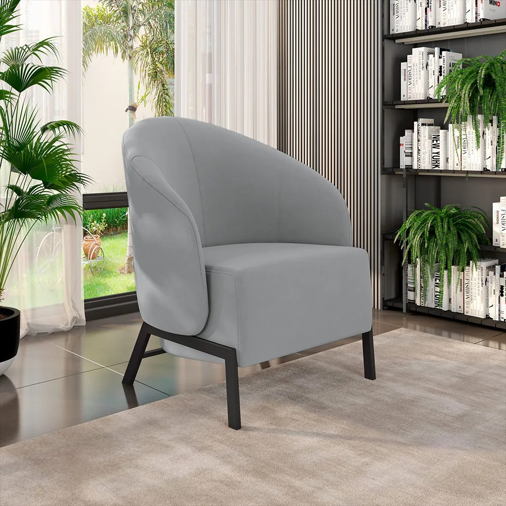 Kit 2 Poltronas Decorativa Sala de Estar Kenya Pés em Ferro Veludo Preto/Cinza G33 - Gran Belo