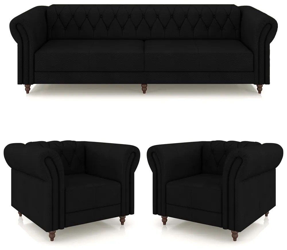 Conjunto Sala de Estar 1 Sofá Living 260cm e 2 Poltronas Stanford Chesterfield Pés Madeira Couro Preto G58 - Gran Belo