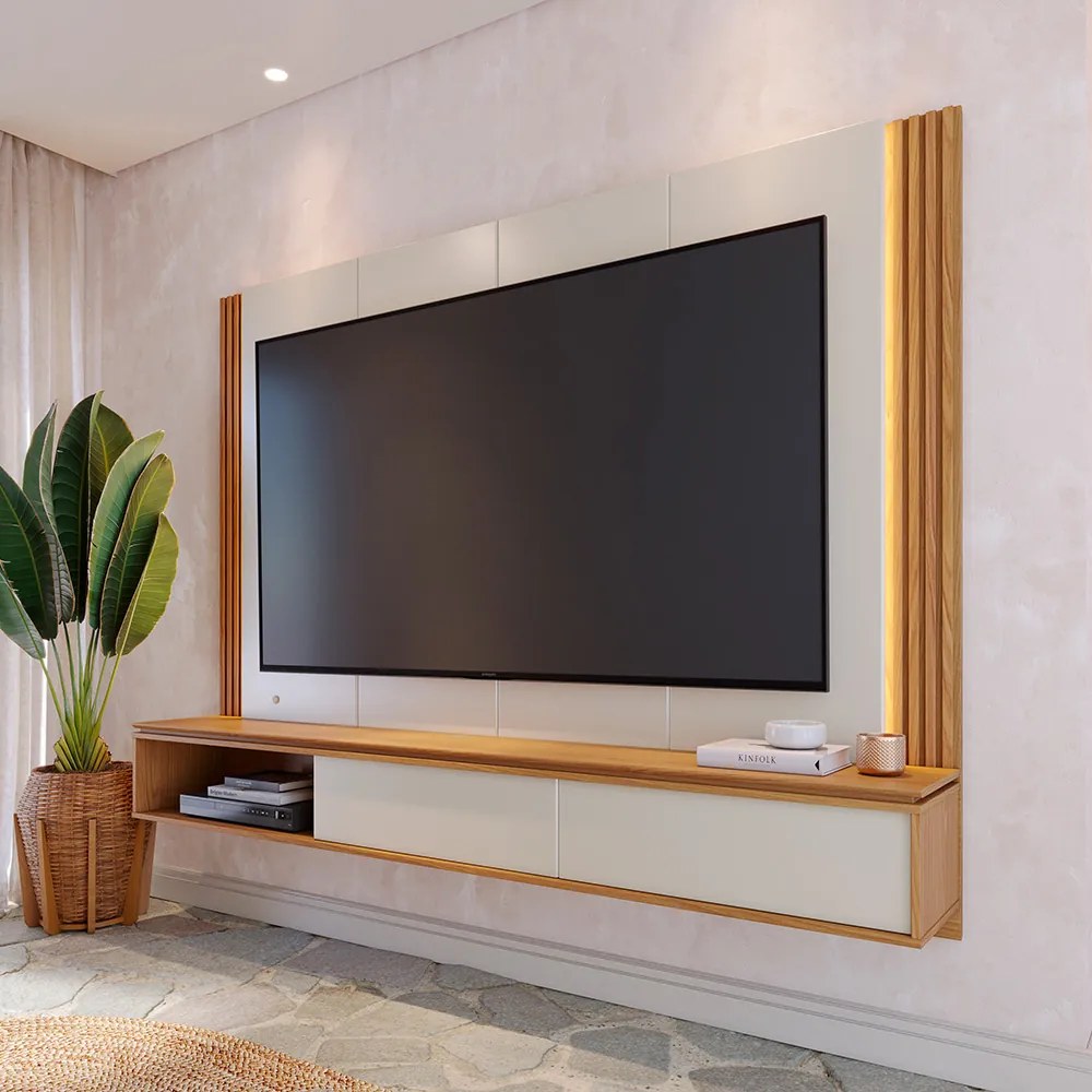 Painel TV 75 Pol 180cm Bancada Suspensa Ripado Led Duda C04 - D'Rossi - Off White Matte e Freijó