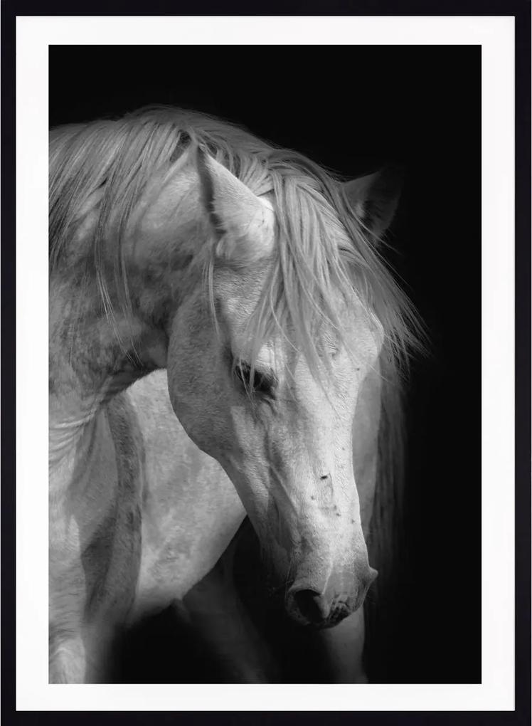 Quadro Decorativo Com Moldura Preta Cavalo Em Preto E Branco 70x100cm