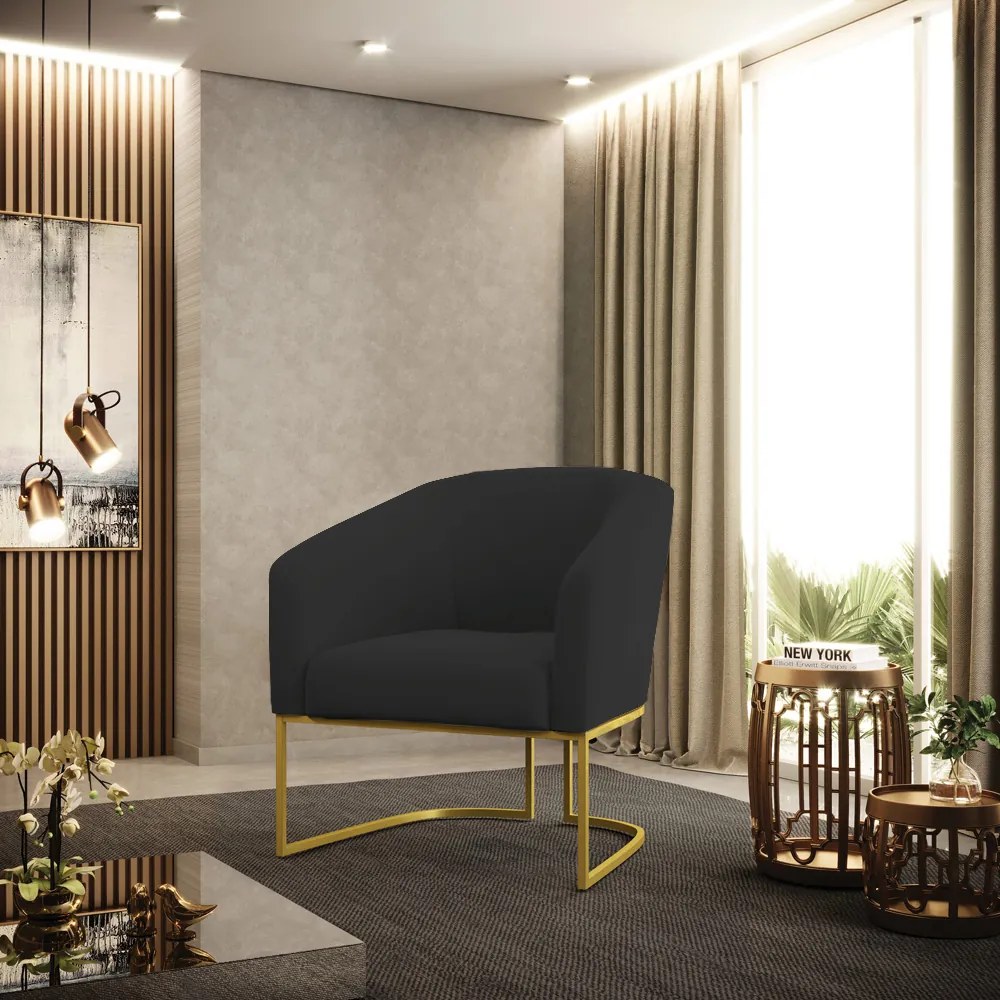 Poltrona Decorativa Industrial Dourado kit 2 Stella Veludo D03 - D'Rossi - Preto