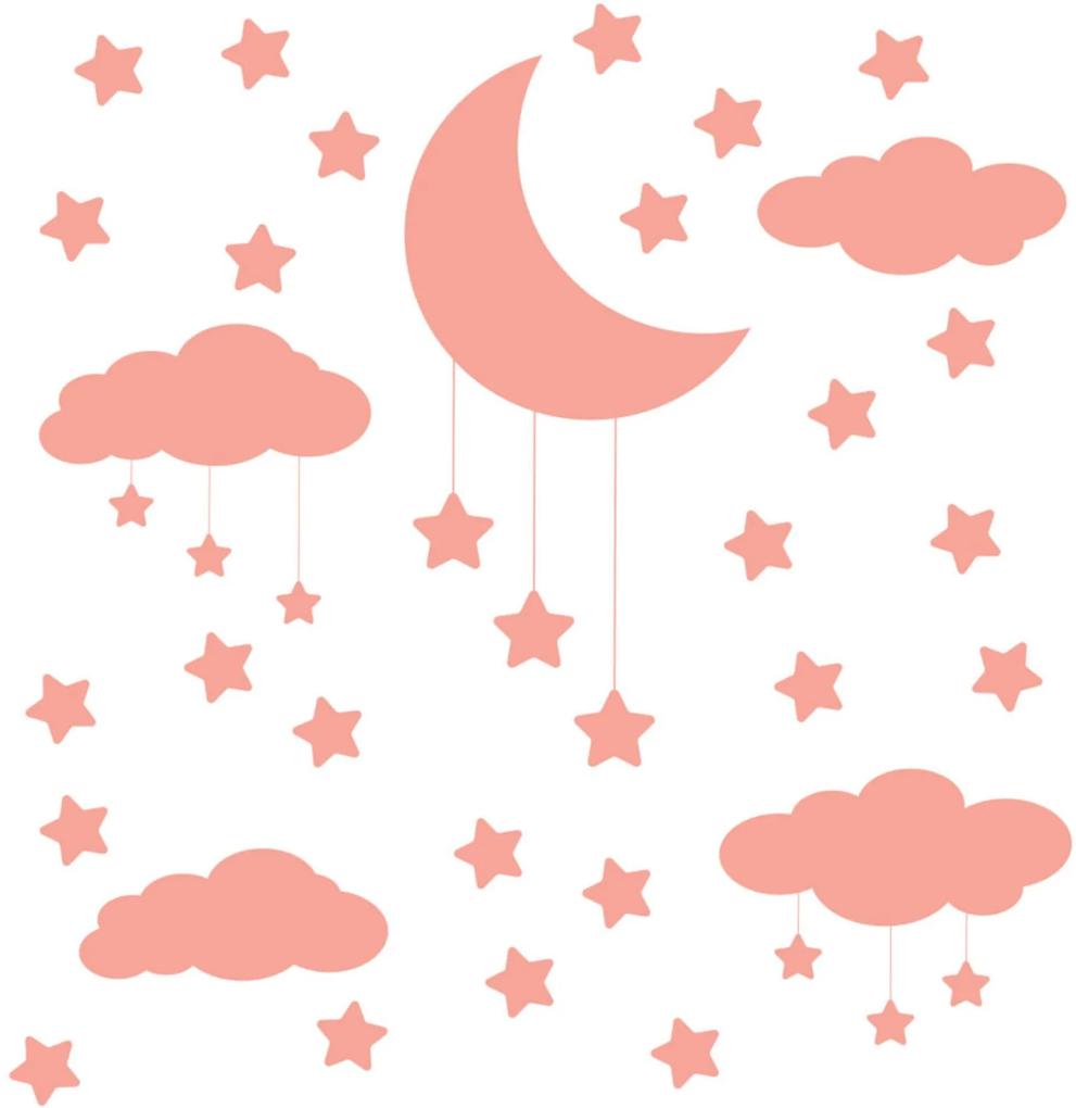 Adesivo de Parede Infantil Nuvens Lua e Estrelas Rosa