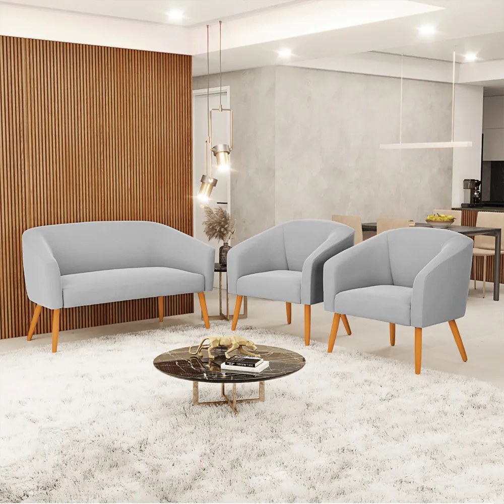 Namoradeira e 2 Poltronas Pé Palito Castanho Stella Suede Cinza D03 - D'Rossi