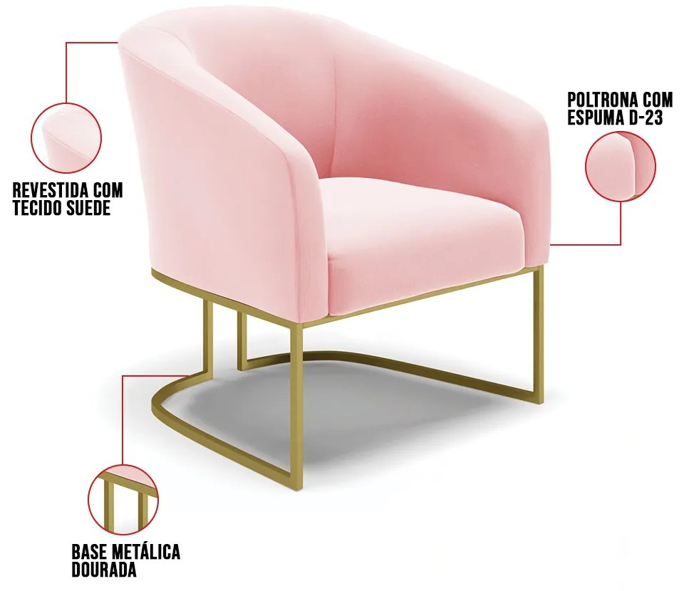 Cadeira Sala de Jantar Base Industrial Dourado Stella Suede D03 - D'Rossi - Rosa Bebê