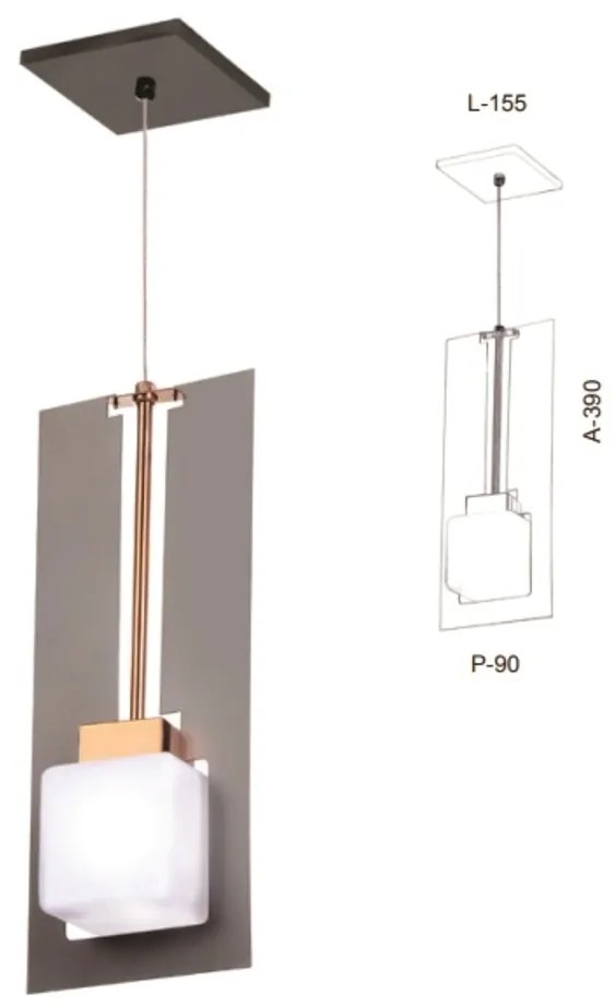 Pendente Vidro Quadrado Corte Laiser 15,5X09X39Cm Metal E Cubo Vidro 0... (COBRE FOSCO, CLEAR (TRANSPARENTE))