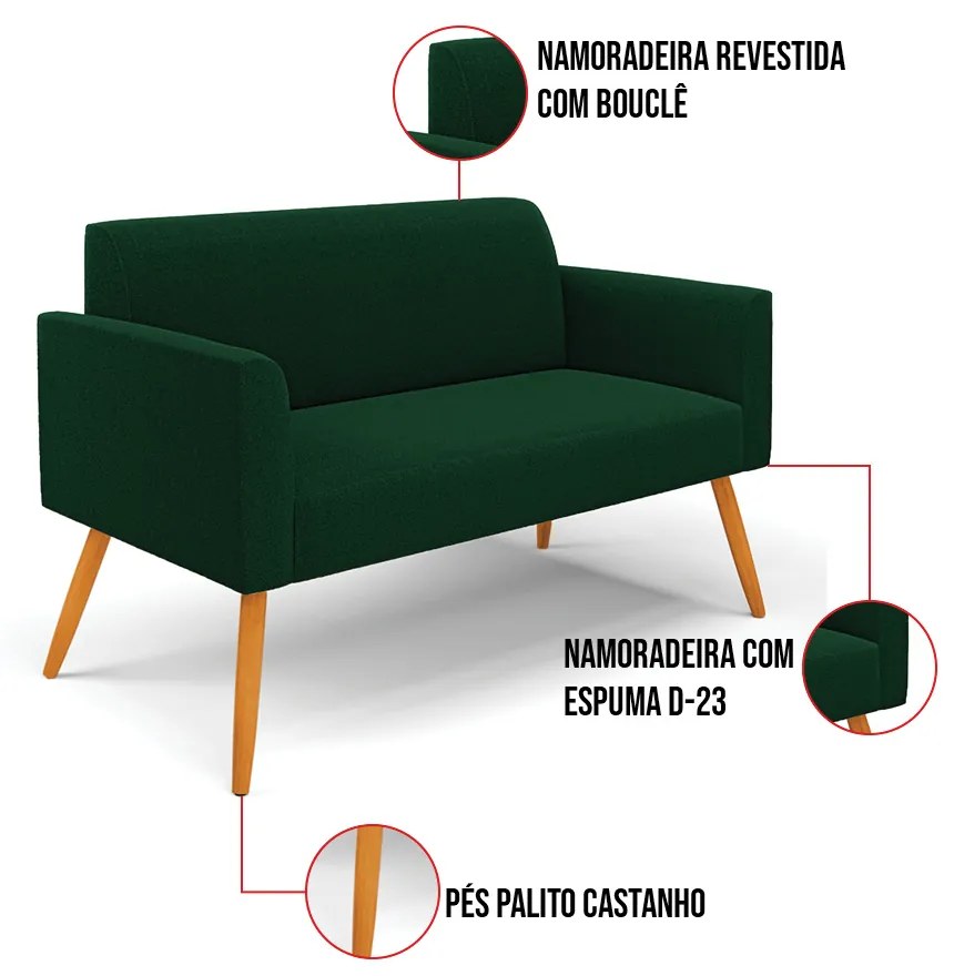 Sofá 2 Lugares Namoradeira Pé Palito Castanho Marisa Bouclê Verde D03 - D'Rossi