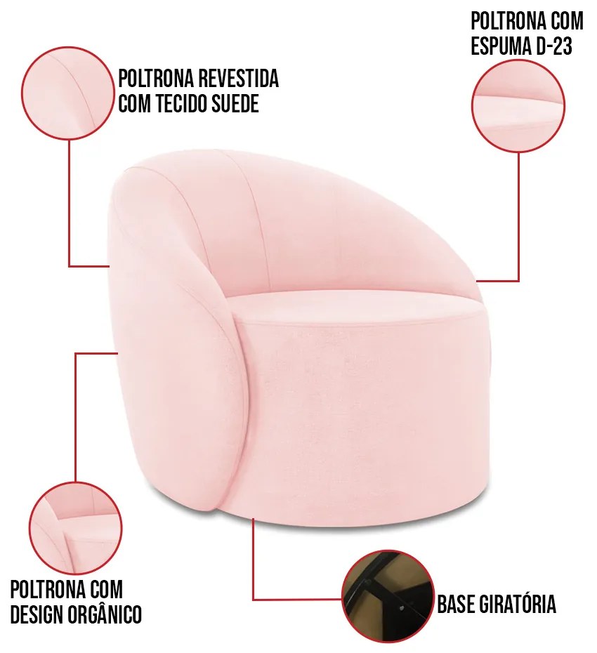 Sofá 2 Lugares Orgânico 140cm Morgan e Poltrona Lua Suede Rosa Bebê D03 - D'Rossi