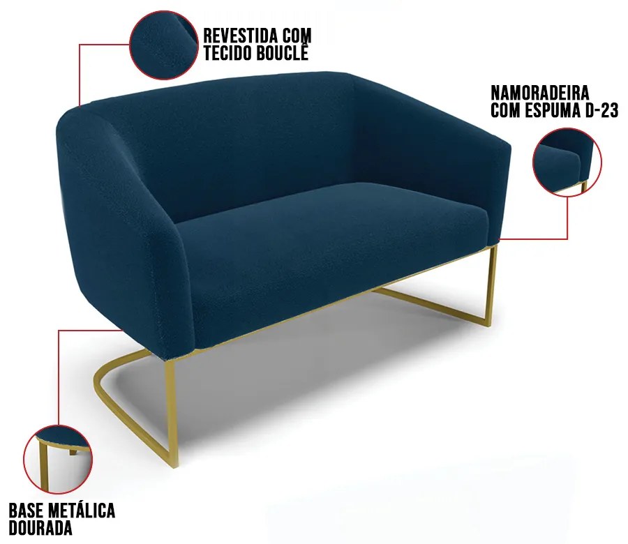 Sofá 2 Lugares Namoradeira Industrial Dourado Stella Bouclê D03 - D'Rossi - Azul