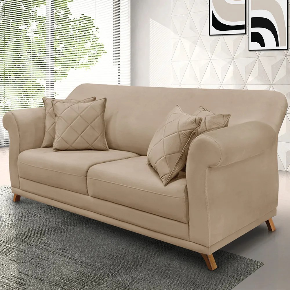 Sofá 3 Lugares Pé de Madeira Julieta 200 cm Suede Bege S04 - D'Rossi