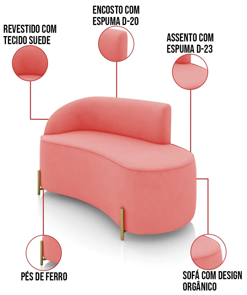 Sofá 2 Lugares Orgânico 140cm Pé Dourado Morgan Suede Rosê D03 - D'Rossi
