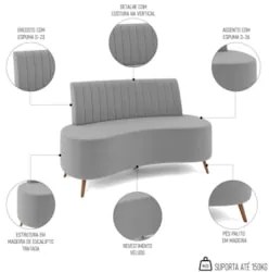 Sofá 2 Lugares para Sala Living 160cm Pés Palito Tamar Z08 Veludo Cinz