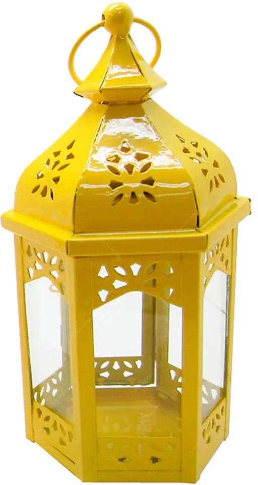 Lanterna Grande Marroquina Hexagonal Amarelo em Metal e Vidro - Urban