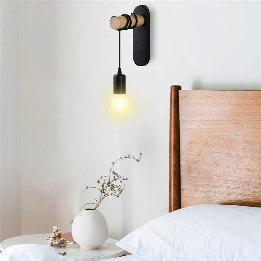 Arandela Luzes de parede madeira nordic quarto lâmpada cabeceira preto criativo moderno e27 lâmpadas parede suspensão led iluminação casa arandela decoração do quarto - 13