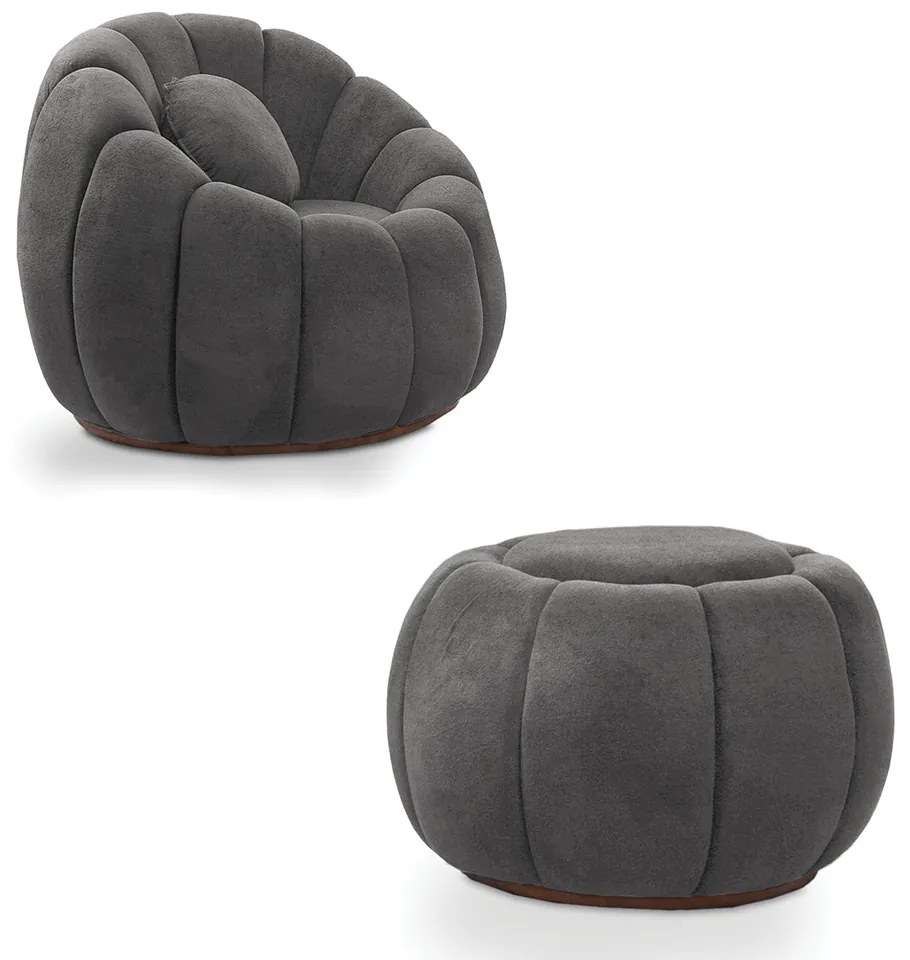 Poltrona Decorativa Orgânica Giratória com Puff Cloud Bouclê Cinza Escuro E03 - D'Rossi