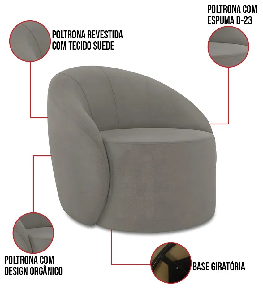 Poltrona Decorativa Orgânica Giratória Kit 2 Lua Suede D03 - D'Rossi - Grafite