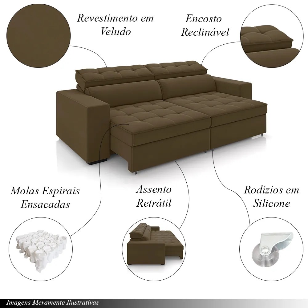 Sofá Decorativo Hugo 4 Lugares 300cm Reclinável e Retrátil Veludo Marrom G45 - Gran Belo