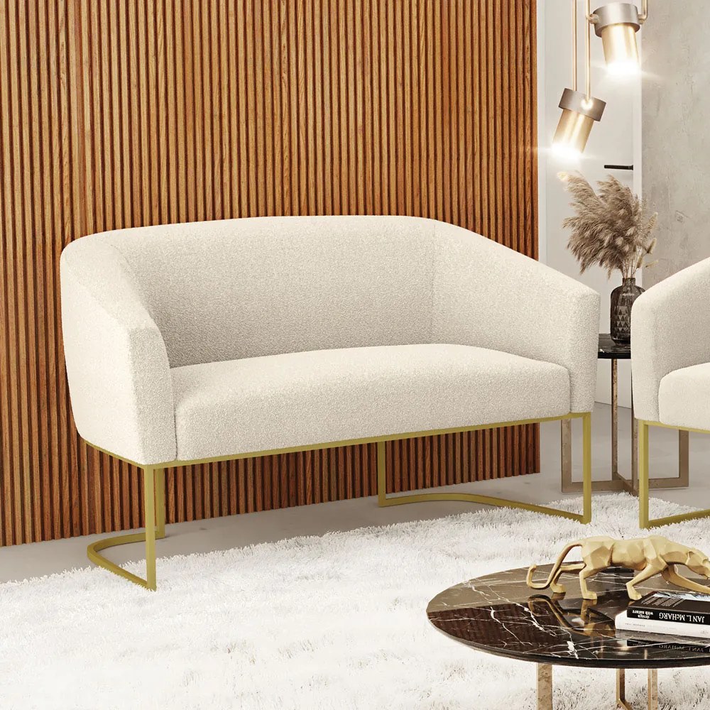 Sofá 2 Lugares Namoradeira Industrial Dourado Stella Bouclê D03 - D'Rossi - Bege