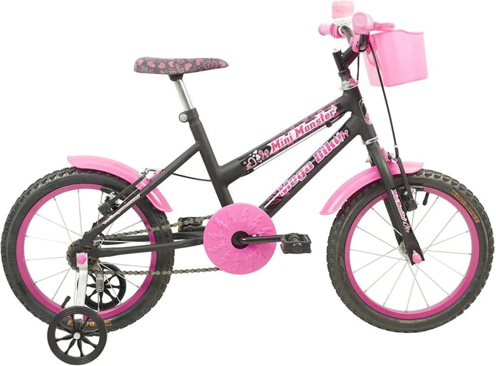 Bicicleta Infantil Aro 16 Quadro em Aço Mini Monster com Rodinhas Preto Pink - Mega Bike