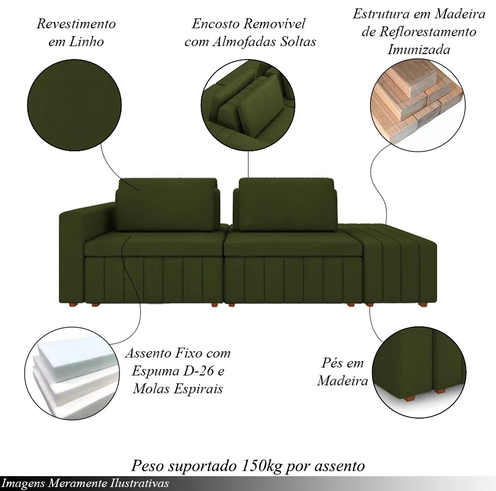 Sofá Ilha com Encosto e Almofadas Móveis Olimpo 245cm Modulado Linho Verde G45 - Gran Belo