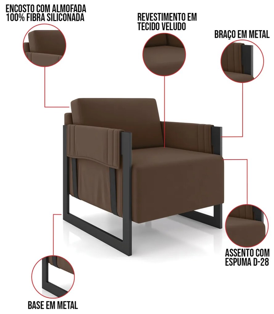 Poltrona Decorativa Base Industrial kit 2 Rory Veludo K01 - D'Rossi - Marrom