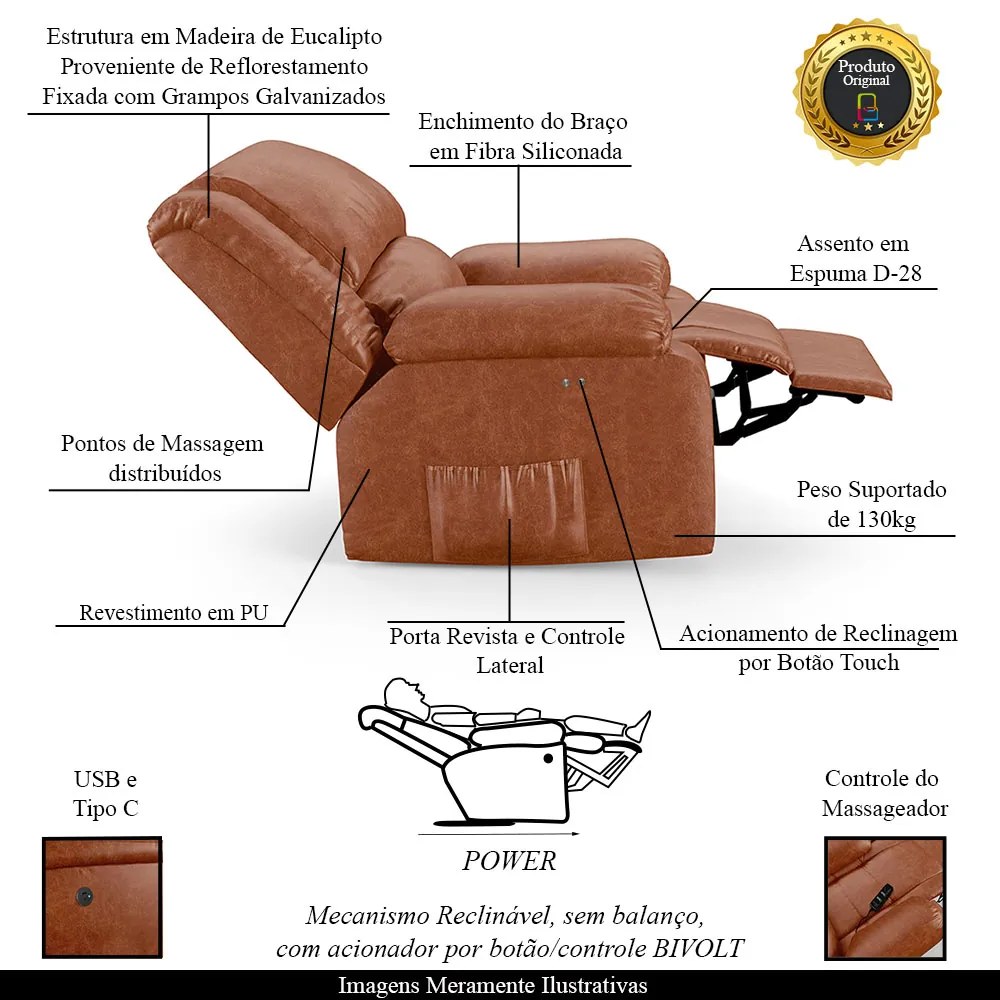 Poltrona do Papai Reclinável Sala de Cinema Madrid Power Touch Massagem USB PU Caramelo Brilho  G23 - Gran Belo