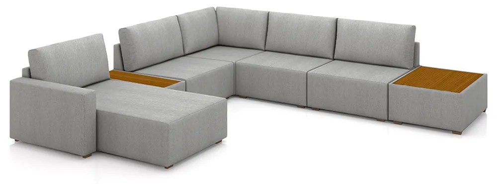 Sofá de Canto Decorativo Sala de Estar 603cm Modulado Takashi com Chaise e Puffs Linho Cinza  G45 - Gran Belo