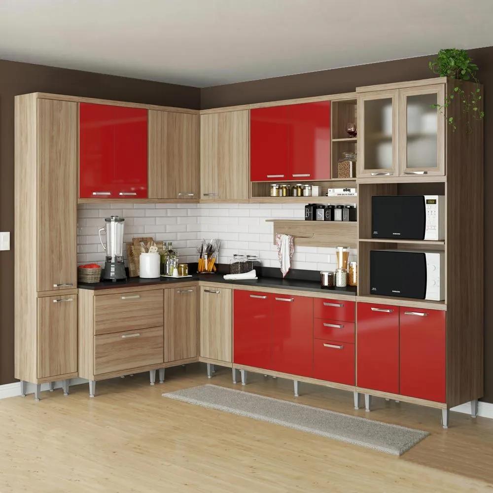 Cozinha Compacta 16 Portas C/ Tamp Pt e Vidro 5803 Vermelho/Argila - Multimóveis