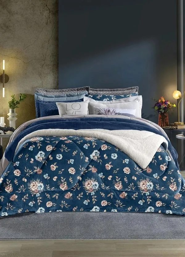 Edredom Plush Sherpa Azul Casal Slim 1 Peça