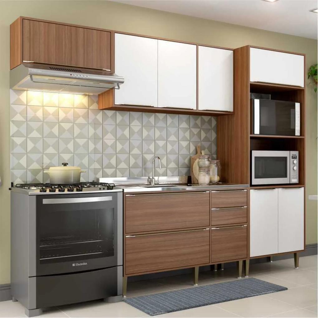 Cozinha Compacta Multimóveis com 4 peças Calábria 5457 Nogueira/Branco Marrom