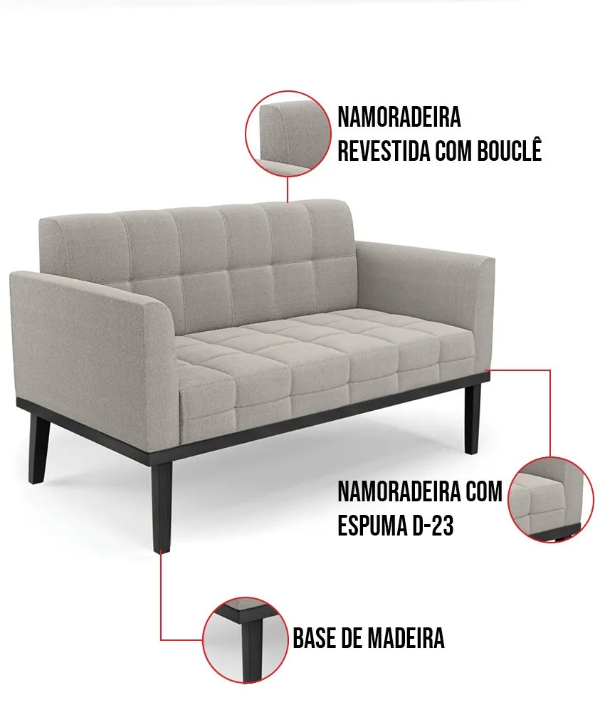 Namoradeira 2 Poltronas Base Madeira Fixa Pto Elisa Bouclê Cinza D03 - D'Rossi